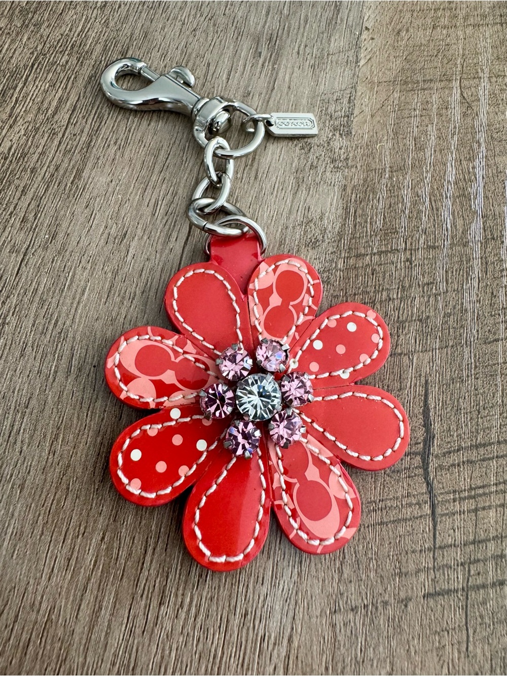 Coach Red Floral Charm Keychain with Crystal Accents